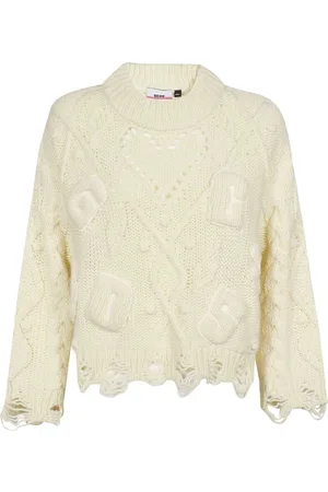 GCDS Strik, Dame, Hvid, XS, Uld, Broderet Logo Crew-Neck Sweater