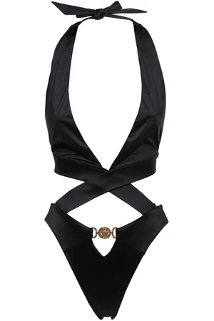 VERSACE Badetøj, Dame, Sort, XL, Uld, Logo Badedragt med Udsnit