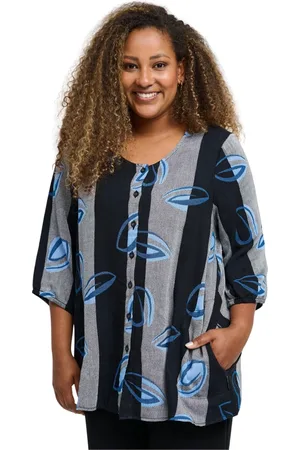 Pont Neuf Bluser & Skjorter, Dame, Flerfarvet, M, Bomuld, Stribet A-Form Bluse med Farverigt Print