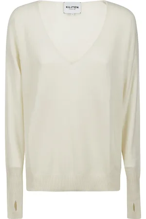 KUJTEN Strik, Dame, Hvid, L, Cashmere, Cashmere V-Neck Sweater med Ribbed Edges