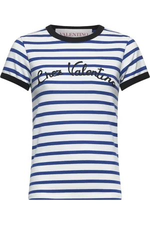 VALENTINO Top, Dame, Blå, L, Bomuld, Stribet Crewneck T-shirt Elfenben Bomuld