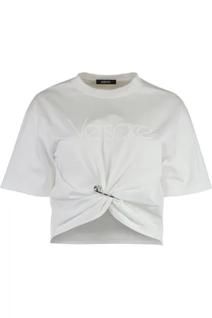VERSACE Top, Dame, Hvid, XS, Bomuld, Top med dekorativ broche