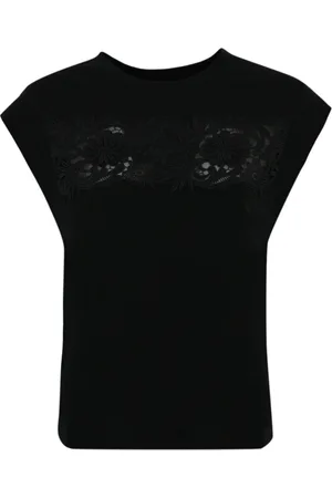 Twin-Set Top, Dame, Sort, S, Bomuld, Sort blomstret blonder bomuldst-shirt