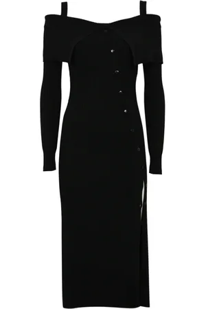 Twin-Set Kjole, Dame, Sort, M, Uld, Sort Off-Shoulder Rib Strik Kjole