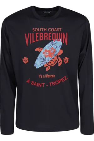 Vilebrequin Top, Herre, Blå, 2XL, Bomuld, Langærmet Bomuld T-Shirt med Frontprint