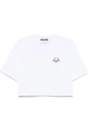 Moschino Top, Dame, Hvid, M, Bomuld, Hvid Trådsyet Cropped T-shirt