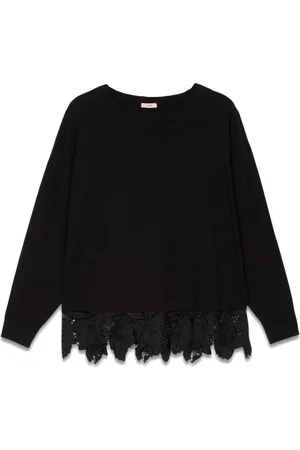 Oltre Strik, Dame, Sort, S/M, Polyester, Pullover med blondestykke