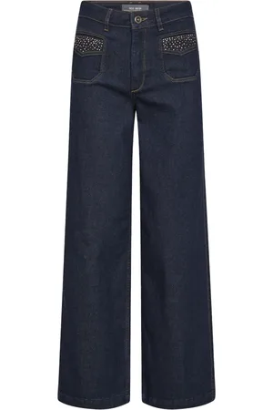 Mos Mosh Jeans, Dame, Blå, W25, Bomuld, Wide Leg Jeans med nittedetaljer