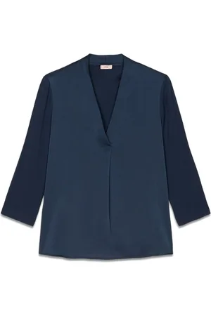 Oltre Bluser & Skjorter, Dame, Blå, 2XL, Polyester, T-shirt lavet af bi-materialer med V-udskæring