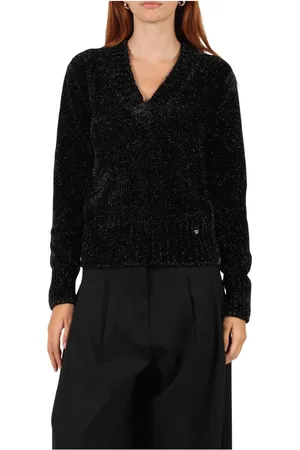 HERNO Strik, Dame, Sort, XS, Tyl, Metallic Viskose-Mix V-Neck Striktrøje