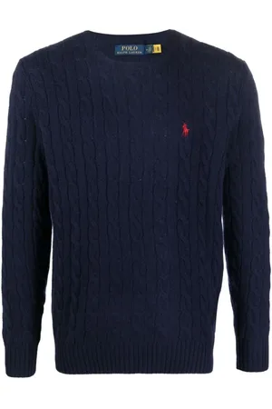 Ralph Lauren Strik, Herre, Blå, 2XL, Uld, Rundhals Strikket Trøje