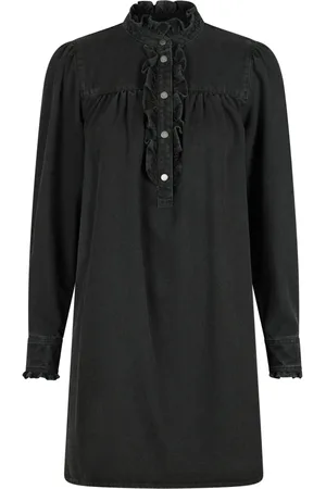 Neo Noir Kjole, Dame, Sort, XS, Denim, Denimkjole med flæsedetaljer