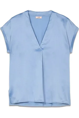 Oltre Bluser & Skjorter, Dame, Blå, 2XL, Bomuld, T-shirt lavet af to forskellige materialer med V-udskæring