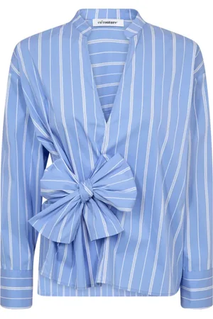Co`Couture Bluser & Skjorter, Dame, Blå, M, Uld, Blå Stribet Sløjfe V-hals Bluse