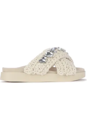 INUIKII Sko, Dame, Hvid, 37 EU, Uld, Hvid Stof-Slipper med Krydsdesign og Stene