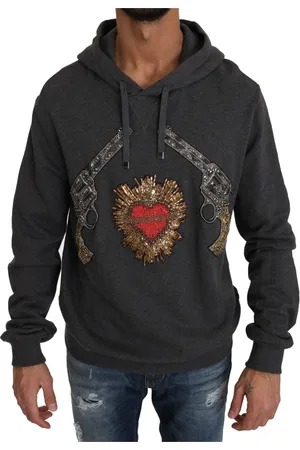 Dolce & Gabbana Sweathshirts & Hoodies, Herre, Grå, 2XL, Bomuld, Krystalhjerte Pistol Pullover Sweater