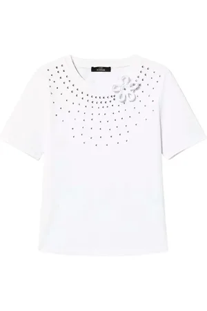 Twin-Set Top, Dame, Hvid, S, Almindelig T-shirt med Rhinsten og Blomst