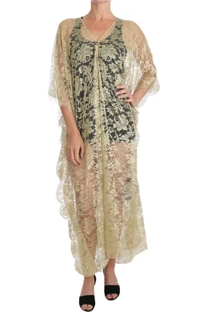 Dolce & Gabbana Kjole, Dame, Gul, 3XS, Uld, Gylden Blomstret Blonder Kaftan Sommerkjole