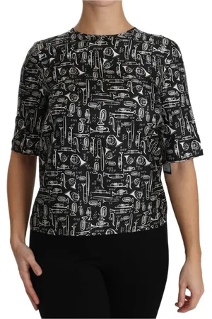 Dolce & Gabbana Bluser & Skjorter, Dame, Sort, XS, Udsøgt silkebluse med trompetprint