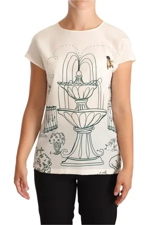 Dolce & Gabbana Bluser & Skjorter, Dame, Hvid, 3XS, Botanisk Have Springvand Silke T-shirt