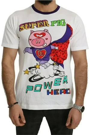 Dolce & Gabbana Top, Herre, Hvid, XS, Uld, Stilfuldt hvidt T-shirt med grisemotiv