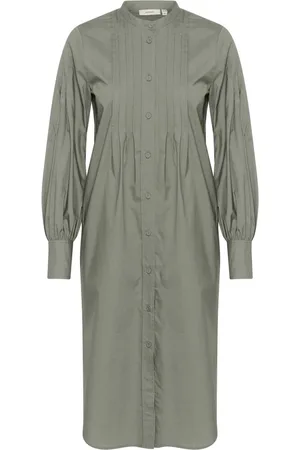 INWEAR Kjole, Dame, Grøn, XS, Bomuld, Grøn skjortekjole med pufærmer