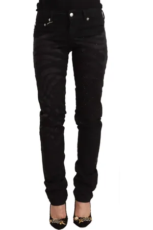 Roberto Cavalli Jeans, Dame, Sort, W24, Bomuld, Elegant Sort Pyntet Slim Fit Jeans