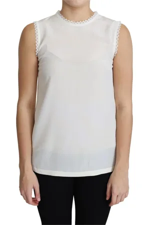 Dolce & Gabbana Top, Dame, Hvid, 2XS, Elegant Ærmeløs Silkebluse med Blonder