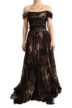 Dolce & Gabbana Kjole, Dame, Flerfarvet, XS, Uld, Blomstret silke off-shoulder lang kjole