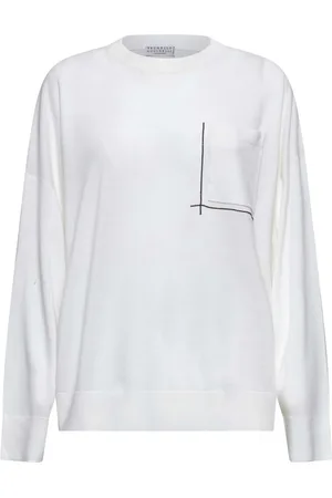 Brunello Cucinelli Strik, Dame, Hvid, XS, Uld, Hvid sweater med skinnende lommedetalje