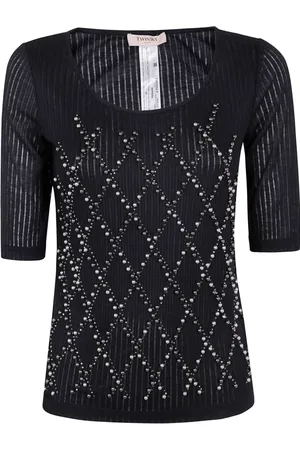 Twin-Set Bluser & Skjorter, Dame, Sort, M, Uld, Sort Diamantmønster Logo Skjorte