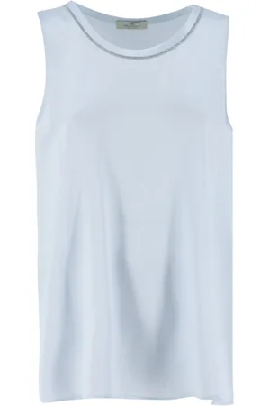 PANICALE Top, Dame, Blå, XS, Silke Crew Neck Top med Lysende Detaljer