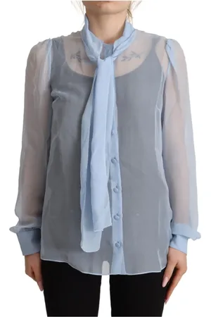 Dolce & Gabbana Bluser & Skjorter, Dame, Blå, XS, Elegant Silkebluse med Ascot Krave