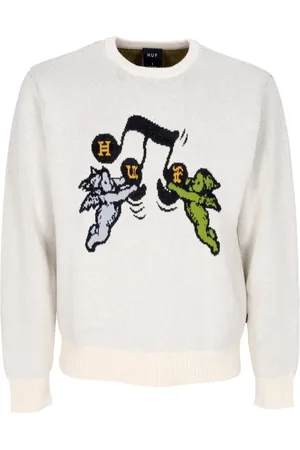 Huf Strik, Herre, Hvid, M, Bomuld, Jacquard Sweater med Broderede Grafikker