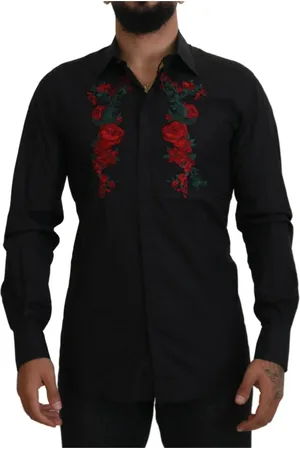 Dolce & Gabbana Skjorte, Herre, Sort, S, Bomuld, Sort bomuldsskjorte med blomsterbroderi