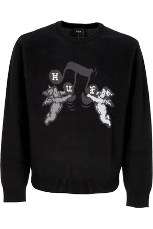 Huf Strik, Herre, Sort, S, Bomuld, Sort Jacquard Sweater med Broderede Grafikker