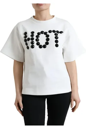 Dolce & Gabbana Top, Dame, Hvid, XS, Bomuld, Krystalpyntet T-shirt med Motiv