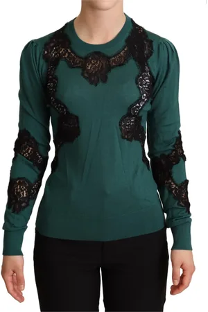 Dolce & Gabbana Strik, Dame, Grøn, 2XS, Bomuld, Elegant grøn pullover med sort blonder detalje
