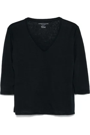 Majestic Strik, Dame, Blå, S, Blå Slub Tekstur V-Hals Sweater