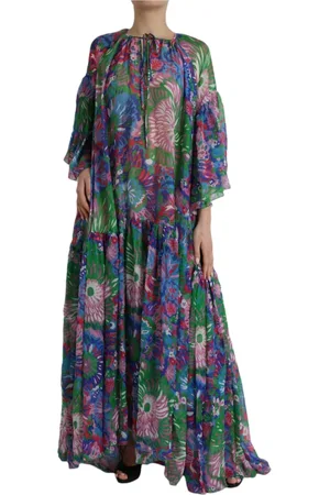 Dolce & Gabbana Kjole, Dame, Flerfarvet, 2XS, Blomstret Silke Maxi Kjole