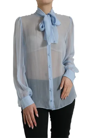 Dolce & Gabbana Bluser & Skjorter, Dame, Blå, L, Elegant Silkebluse Ascot Krave
