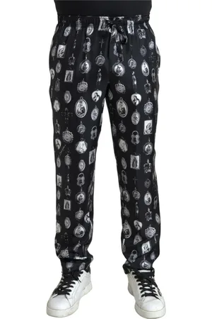 Dolce & Gabbana Bukser, Herre, Sort, L, Elegant silke joggers med religiøst print