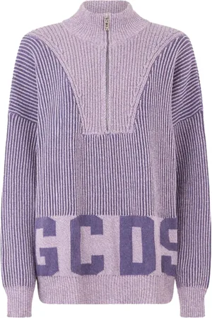 GCDS Strik, Dame, Lilla, L, Ribbet Half Zip Sweater Lilla