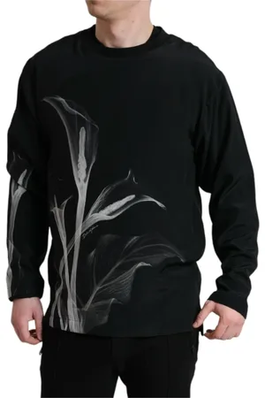Dolce & Gabbana Top, Herre, Sort, M, Bomuld, Silkeblomstret Pullover med Rund Halsudskæring