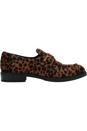 Prada Sko, Dame, Brun, 38 1/2 EU, Læder, Leopard Print Stof Loafers