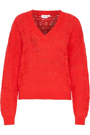 Saint Tropez Strik, Dame, Rød, XL, Bomuld, V-Neck Pullover Strik Flame Scarlet