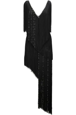 Elisabetta Franchi Kjole, Dame, Sort, 2XS, Polyester, Lang V-hals Kjole med Frynser