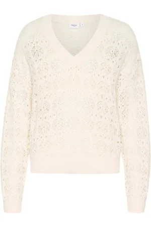 Saint Tropez Strik, Dame, , M, Bomuld, V-Neck Pullover Sweater med Smukt Mønster