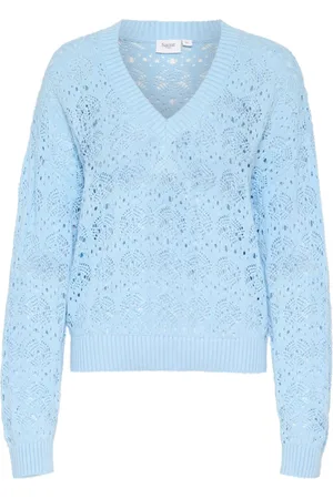 Saint Tropez Strik, Dame, Blå, 2XL, Blå V-Neck Pullover Sweater Junasz