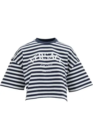 VERSACE Top, Dame, Blå, S, Bomuld, Stribet Crop Top med Broderet Logo